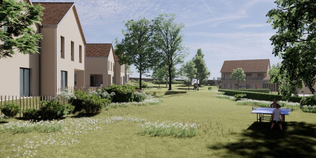 Perspective architecturale du Village d’Enfants et d’Adolescents de Lons-le-Saunier comprenant cinq maisons familiales et des espaces paysagers